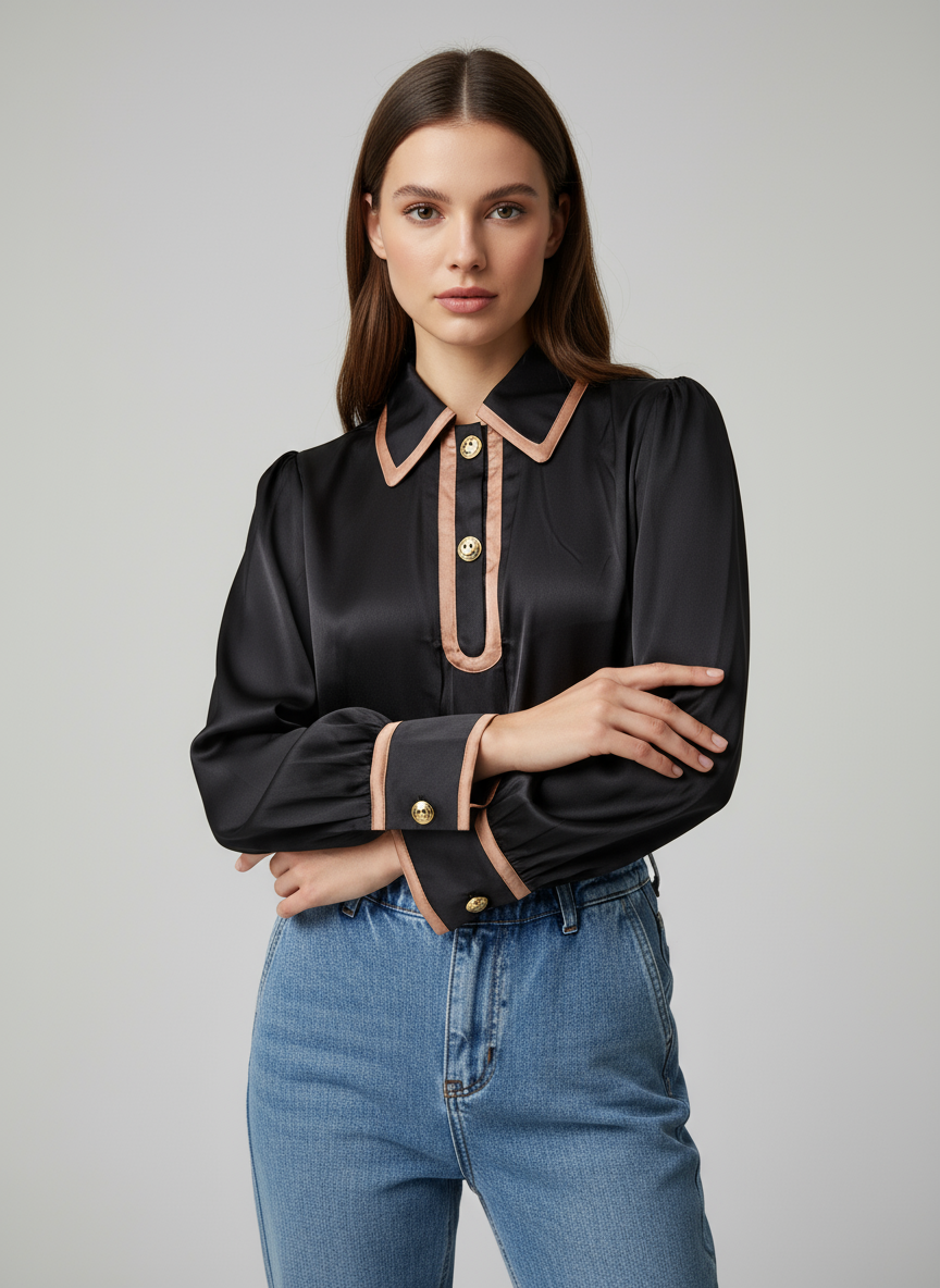 Modelo con blusa negra satinada con detalles camel