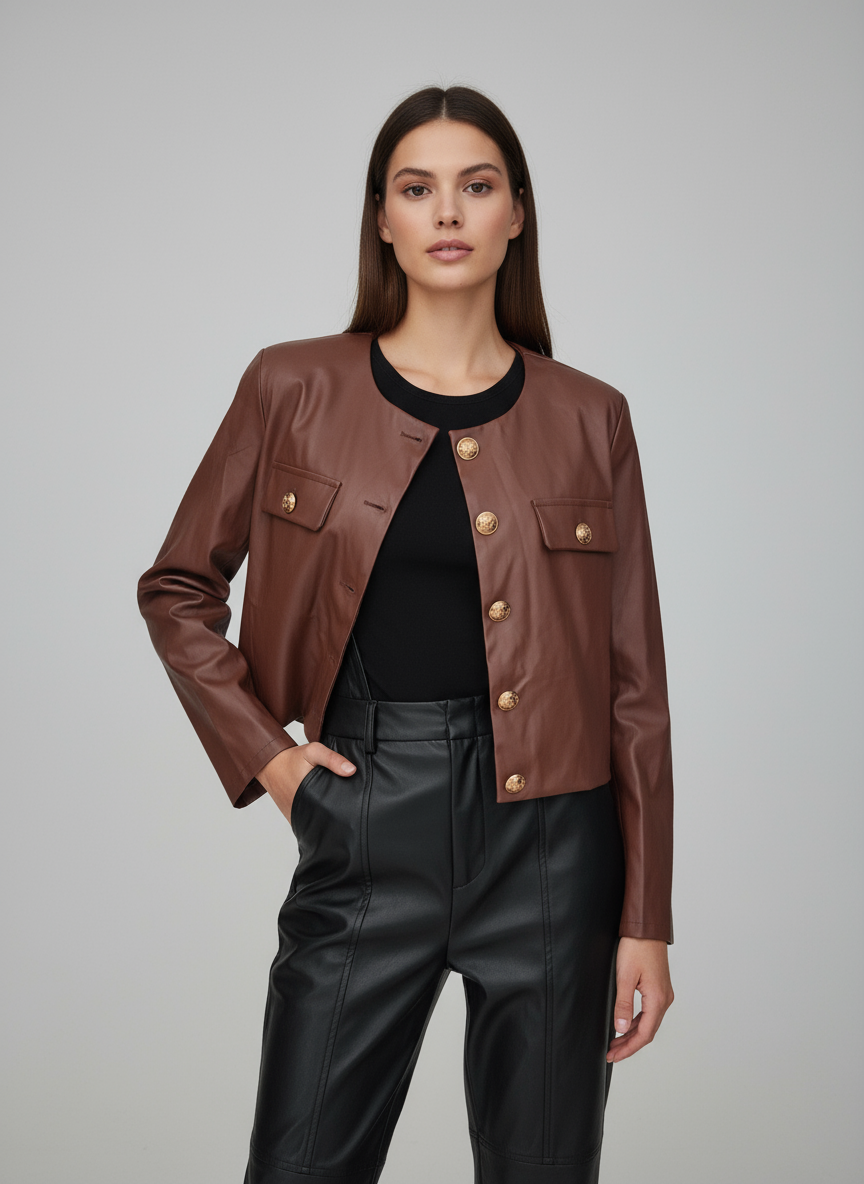 Modelo con blazer marrón y pantalones de cuero