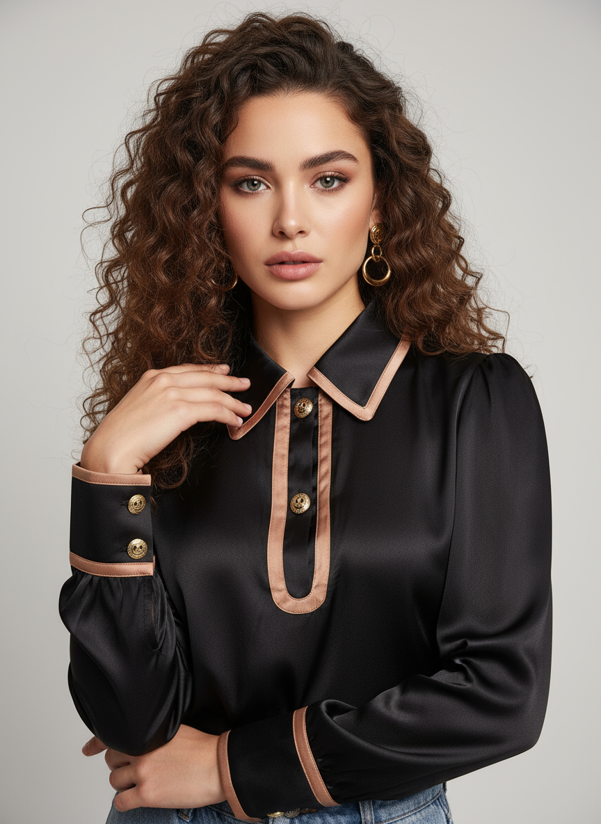 Modelo con blusa negra y pelo largo rizado