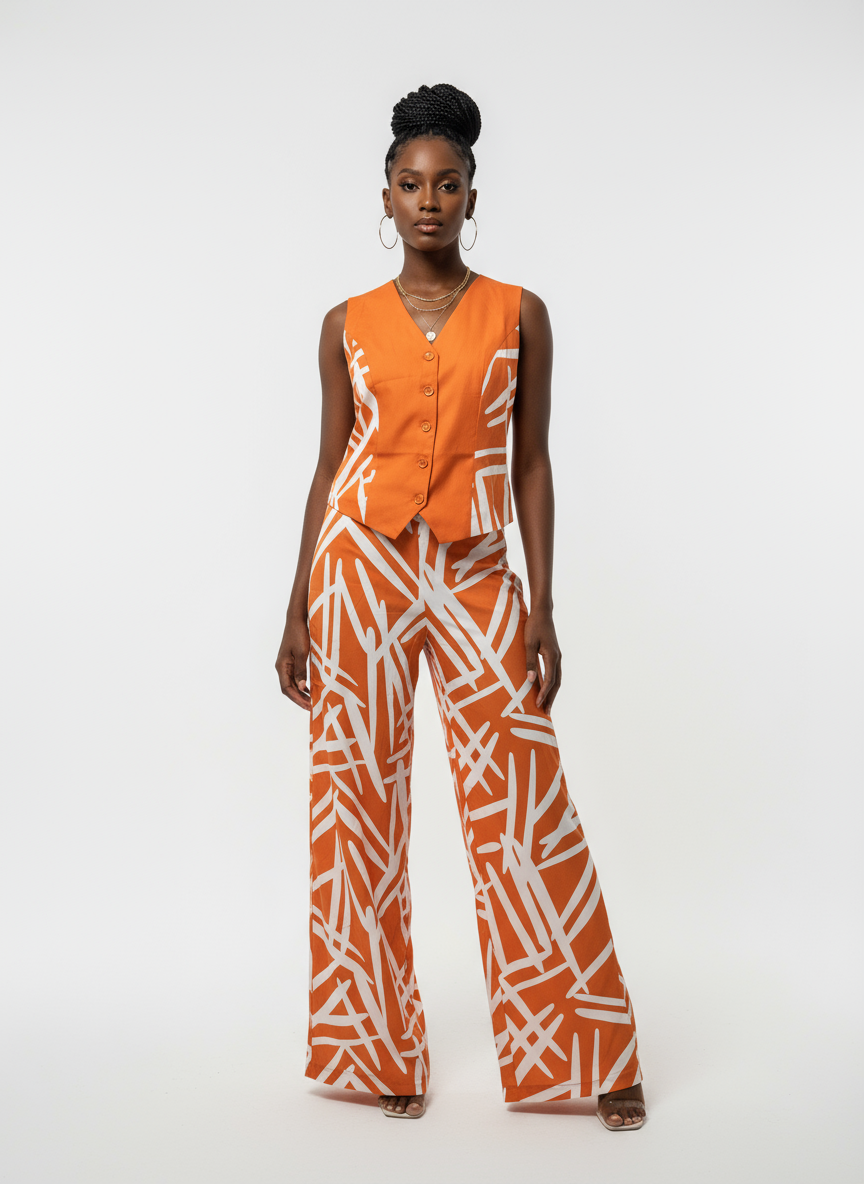 Modelo con conjunto naranja de dos piezas