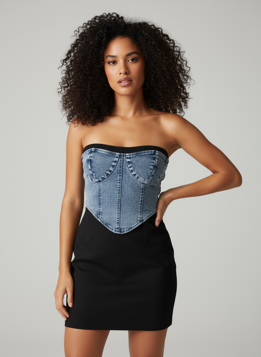 Modelo con outfit corto de corset de mezclilla y mini falda