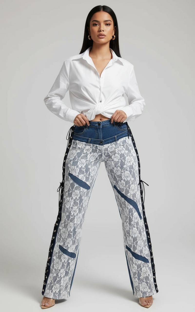 Modelo con pantalones de encaje blanco y detalles de mezclilla