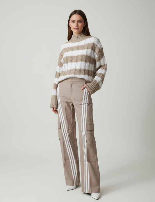 Modelo con suéter a rayas y pantalones cargo