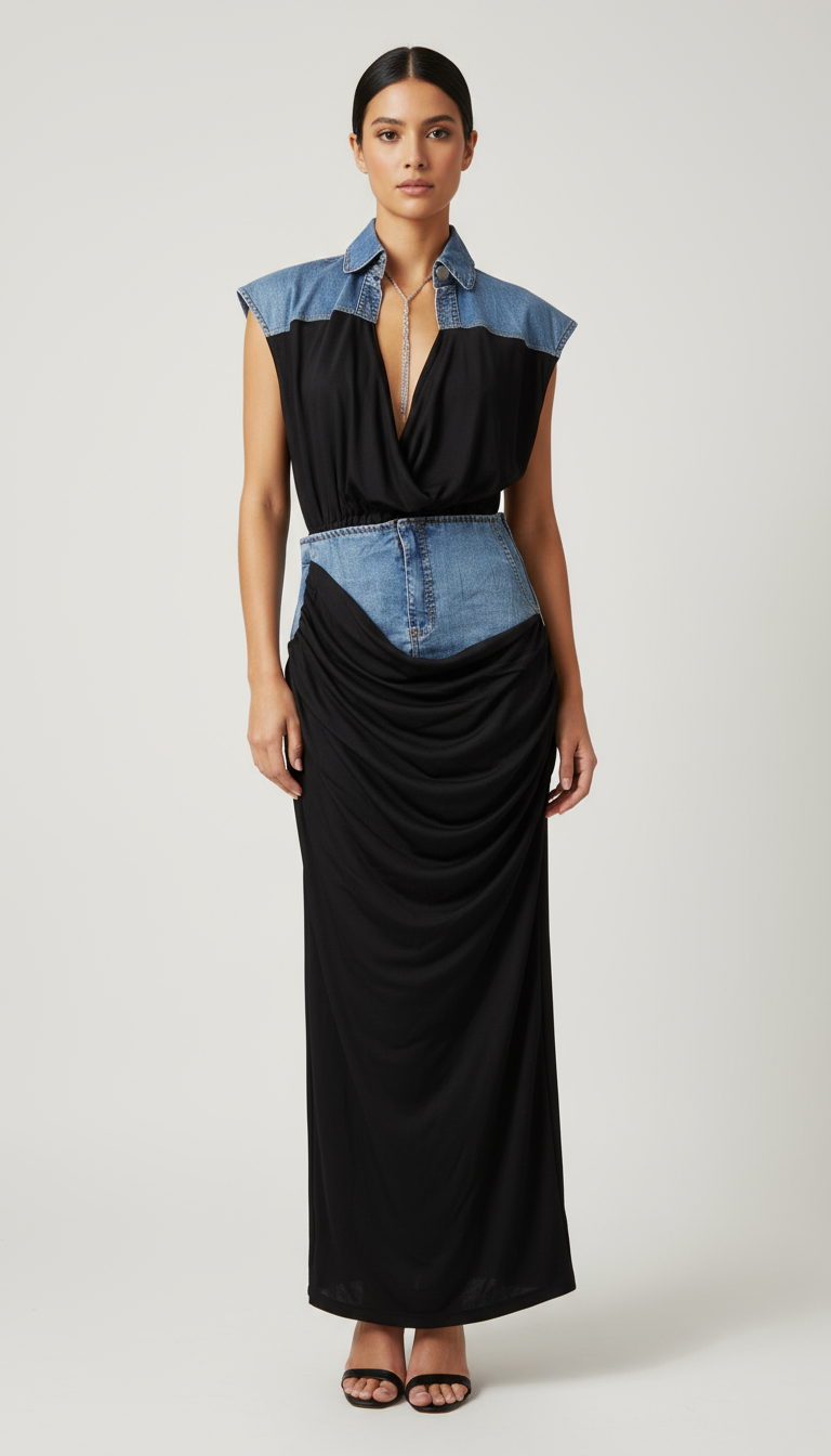 Modelo con vestido negro y mezclilla con falda corta fruncida