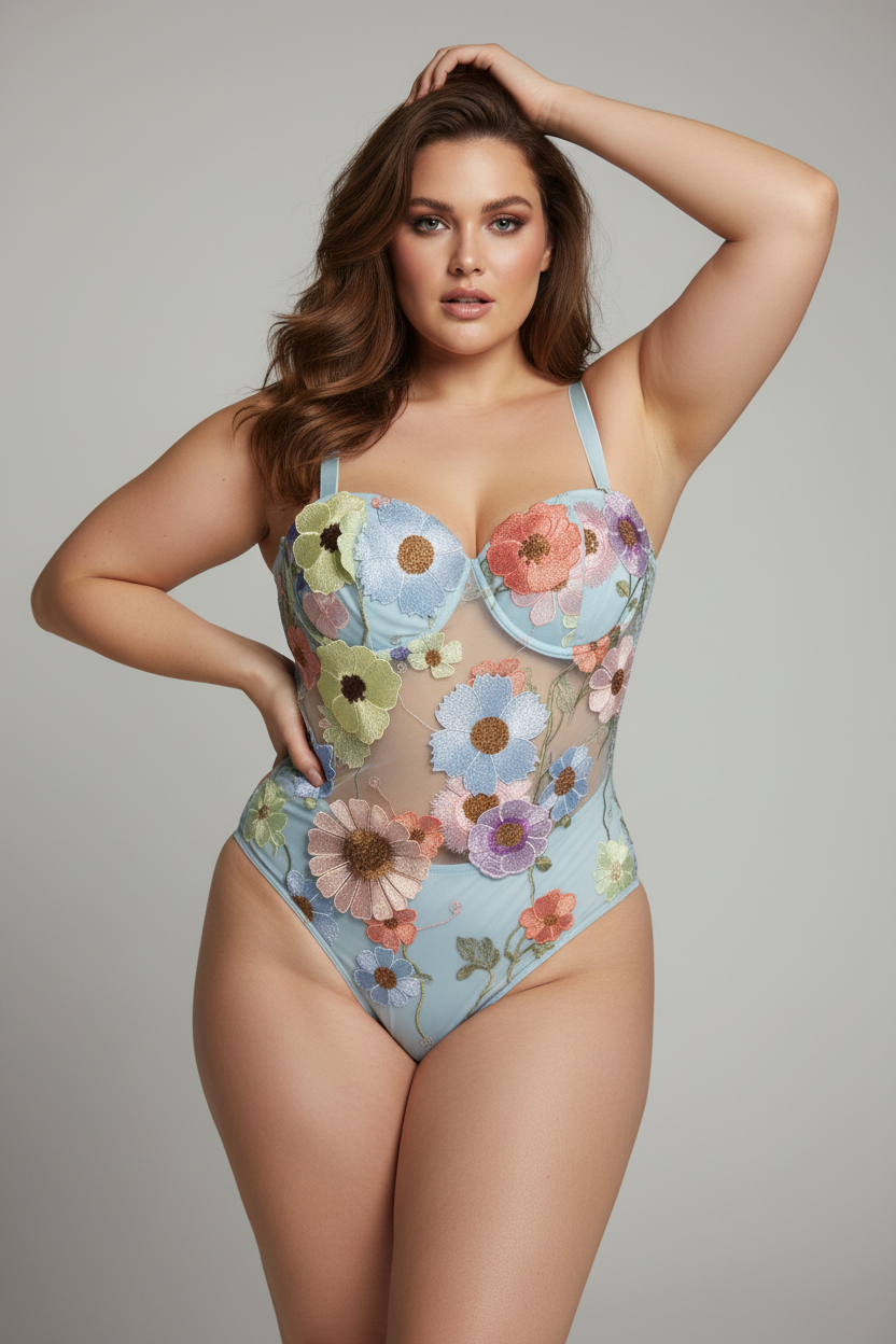 Modelo curvilínea con Flower Bodysuit