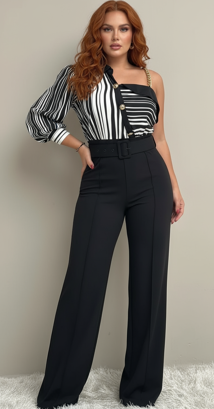 Modelo voluptuosa con pelo rojo ondulado y outfit de rayas